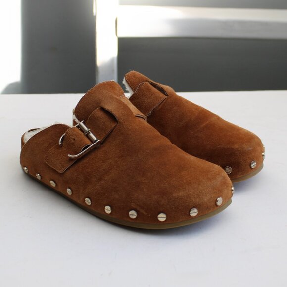 Veronica Beard Caramel Brown Fern-2 Studded Clog Suede Buckle Clogs Flats Size 6 - Picture 2 of 9